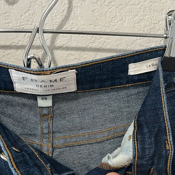 FRAME Denim Le Boy Jeans High Rise Burnett Raw Hem w Slit Gold Rivets, Size 25 - Picture 8 of 12